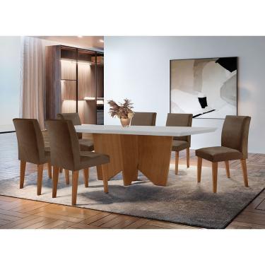 Imagem de Conjunto de Jantar Evora 6 Lugares Tampo em MDF com Cadeiras em Veludo Marrom Off White...