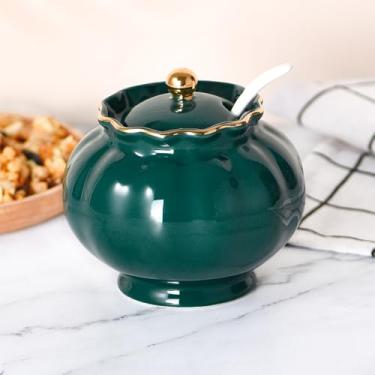 Imagem de Ursword Açucareiro de cerâmica com tampa e colher para café ou restaurante doméstico, recipiente de açúcar seguro para micro-ondas e lava-louças, 255 g, verde