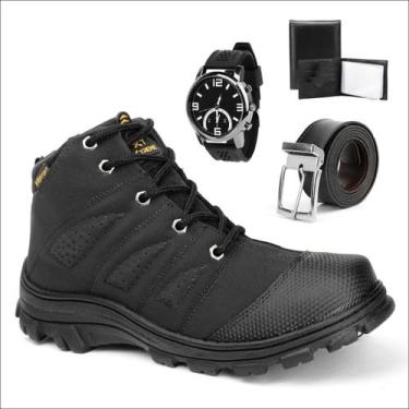 Imagem de Botina Masculina Bota Couro Legítimo Reforçada Kit Relógio Trabalho Di