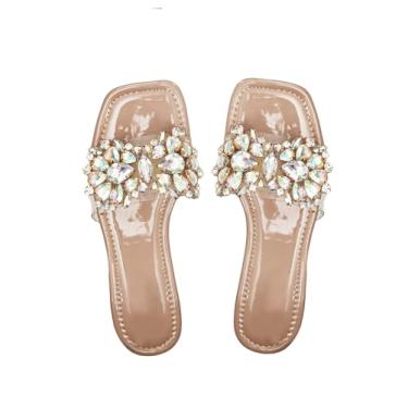Imagem de Verdusa Sandálias Femininas Rasteiras Transparentes Com Strass, Bico Quadrado, Chinelos Brilhantes, Rosa Empoeirado 8