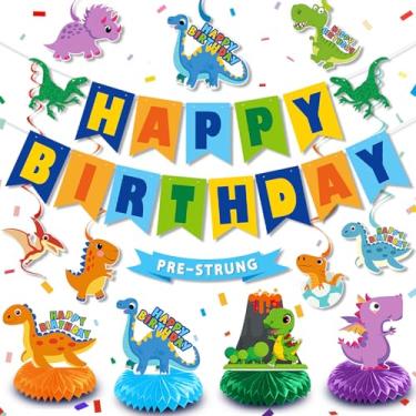 Imagem de HTDZZI Suprimentos Para Festa De Aniversário Dinossauro, Banner Fundo, Redemoinho Pendurado, Kit Decoração Centro Mesa Favo Mel Tema, Lembrancinhas Dinossauro Meninos E Meninas, 1º, 2º 3º Anos