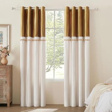 Imagem de Cortinas longas de veludo de 250 cm 2 painéis para sala de estar, dourado, marfim, fazenda, boêmio, elegante, cortina blackout para janela, cortinas bordadas com pompom de renda