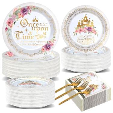 Imagem de 200 peças de pratos e guardanapos de princesa de conto de fadas, Once Upon a Time, conjunto de utensílios de mesa para festa de casamento, decoração de chá de bebê, rosa, floral, dourado, utensílios