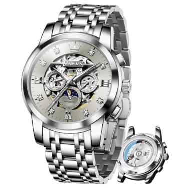 Imagem de OLEVS Relógios masculinos de luxo esqueleto automático mecânico masculino diamante fase da lua à prova d'água data relógio cavalheiro automático, 6721: cinza prateado