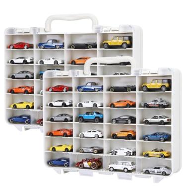 Imagem de Saichotoy Estojo de armazenamento compatível com Hot Wheels – Estojo de transporte para carros de brinquedo em escala 1/64, organizador transparente dupla face com 48 compartimentos com degraus