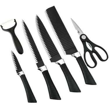 Imagem de Conjunto de Facas para Churrasco e Cozinha, 6 Peças, Aço Inox Antiaderente, com Faca do Chef, Cutelo, Descascador, Tesoura, Preto