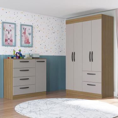 Imagem de Quarto Infantil Guarda Roupa 4 Portas 2 Gavetas e Cômoda 4 Gavetas 1 Porta Loly Poquema