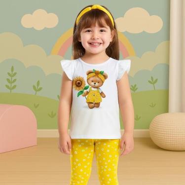 Imagem de Conjunto Infantil Menina Blusa Branca Com Ursinha e Legging Amarela Fl