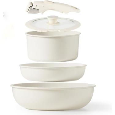 Imagem de Conjunto de Panelas Antiaderentes com Cabo Removível. Vai do Fogão ao Forno. Empilhável, Compacto, com Tampa de Vidro e Revestimento Premium. Tecnologia e Beleza (Branco Fosco, 5 itens)