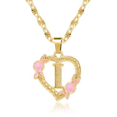 Imagem de Qitian Colar com inicial de coração para mulheres, coração, letra dourada, nome A-Z, nome alfabeto, pingente colar para presente de menina, Ouro, Sem Pedra Preciosa
