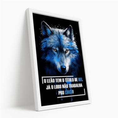 Imagem de Quadro Decorativo Lobo Azul Frase Força Selvagem Inteligência Animal Instinto Arte Impactante Estilo Escuro Com Moldura