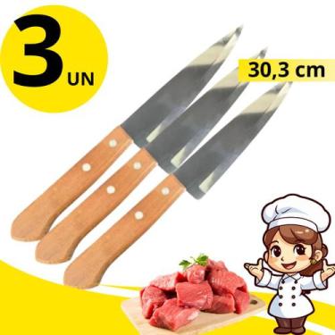 Imagem de Kit com 4 Facas Inox 30,3cm Cabo Madeira Rústico Ideal para Cozinha e 