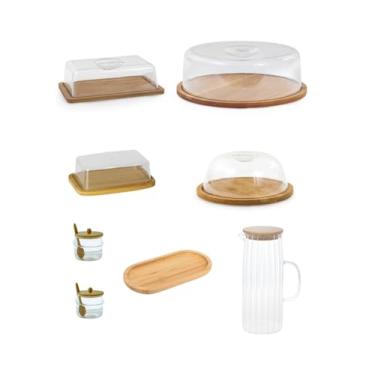 Imagem de Kit Café da Manhã Bambu 8 Itens: Boleira, Manteigueira, Jarra, Queijeira, Porta Frios, 2 Açucareiros e Bandeja | Mesa Posta com Estilo e Organização
