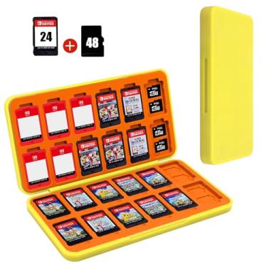 Imagem de FYY Suporte Para Estojo De Jogo Nintendo Switch - Cartucho Amarelo-Laranja Com 24 Compartimentos Cartão E 48 Micro Sd, Capa Rígida, Revestimento Silicone