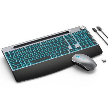Imagem de JOYACCESS Teclado ergonômico sem fio retroiluminado com suporte de telefone, combo de mouse sem fio recarregável com teclas iluminadas para laptop, PC, Mac, Windows - cinza