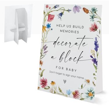 Imagem de Decore uma placa de chá de bebê em bloco, placas florais para mesa com suporte, 20 x 28 cm, atividades de chá de bebê para convidados, suprimentos para jogos de revelação de gênero e festas de anúncio