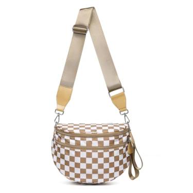 Imagem de DIOMO Bolsas femininas de nylon quadriculadas com zíper prateado, pochete de nylon plus size, bolsa de viagem, Xadrez marrom, Large, Moda clássica xadrez para viagem de verão