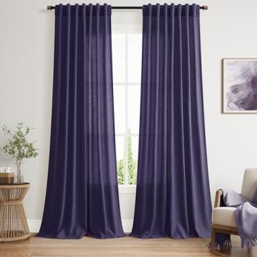 Imagem de Cortinas de linho roxo 228 cm de comprimento conjunto de 2 painéis para quarto, sala de estar, cortinas de janela texturizadas de linho macio semitransparentes, bolso para varão, aba traseira, estilo
