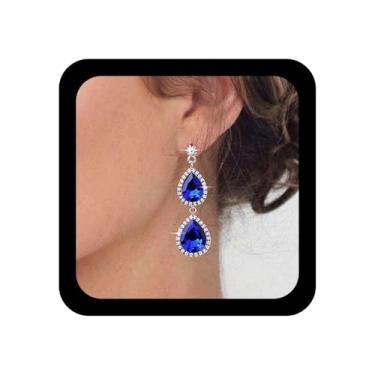 Imagem de Erimberate Brincos pendentes de safira de lágrima boêmia, pingente de cristal de safira azul, vintage, azul, zircônia, strass, lustre, tribal, gota d'água, pedras preciosas, joias para mulheres