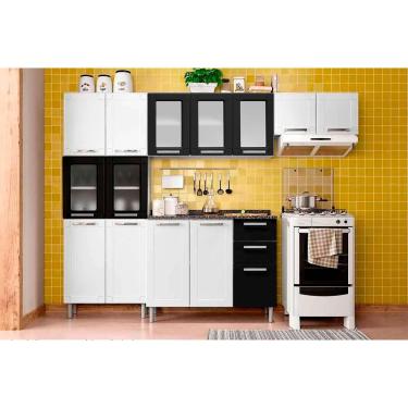 Imagem de Kit de Cozinha Modulada 4 Peças Múltipla (2 Armários + 1 Balcão + 1 Paneleiro) C4P79 Branco/Preto - Bertolini