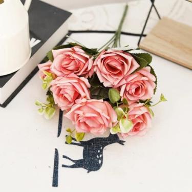 Imagem de Buquê de rosas de outono, guirlanda de flores artificiais para casamento, decoração de Natal para casa, vaso de flores artificiais para sala de estar, acessórios para festa e jardim (vermelho)