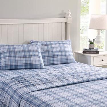 Imagem de Laura Ashley Home - Lençóis de solteiro, conjunto de cama de flanela de algodão, escovado para maciez e conforto extra (azul xadrez da Holland, Twin)