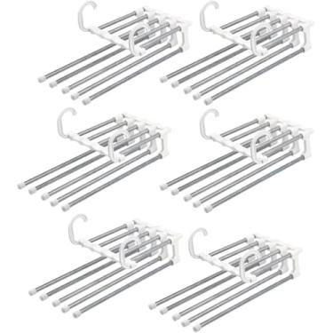 Imagem de Kit 6 Cabide Multifuncional 5 Divisórias Retrátil Inox – Organizador Vertical/Horizontal que Economiza Espaço no Guarda-Roupa – Ideal para Calças, Bermudas, Saias, Gravatas (Branco)