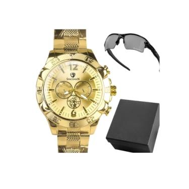 Imagem de Relógio Masculino Banhado + Óculos Sol UV Proteção + Caixa Analógico Prova D'agua Preto Casual Social