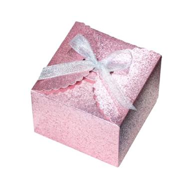Imagem de WEWILUCK Caixas de presente com glitter rosa – Caixas de papel dobráveis com tampas amarradas com fita, conjunto de 10, caixas de presente brilhantes para casamentos, damas de honra, aniversários