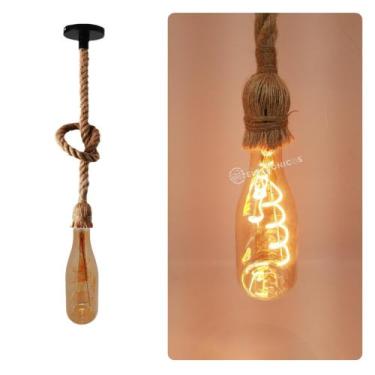 Imagem de Pendente Corda Sisal Com Lâmpada LED Formato Garrafa 4w Estilo Retro  