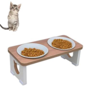 Imagem de Comedouro Elevado Duplo Gato Porcelana PET MDF 15mm - Inclinado Sapatas antiderrapantes e Acabamento em PVC - Evita Inchaço. Conforto e Saúde para Cães e Gatos