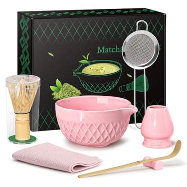 Imagem de Conjunto de batedor Matcha, kit matcha de 7 peças, conjunto de matcha de cerâmica inclui tigela matcha com bico, batedor e suporte para matcha, colher de bambu, descanso de colher, peneira e toalha de