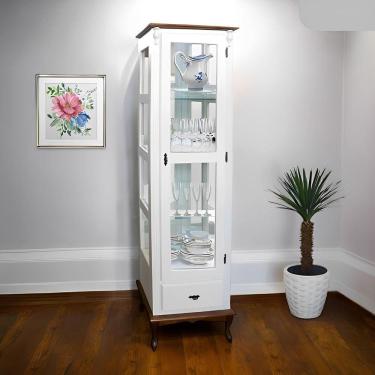 Imagem de Cristaleira Rústica De Madeira 1 Porta 1 Gaveta E Pés Luiz Xv - Branco Laca Com Tampo E Base Imbuia Glazer