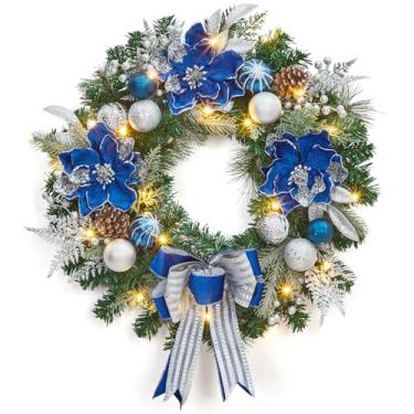 Imagem de Adeeing Guirlanda de Natal com luzes, guirlanda de Natal externa de 61 cm para porta da frente, guirlanda de Natal operada por bateria com enfeites de bola azul prata e 20 luzes de LED para decoração