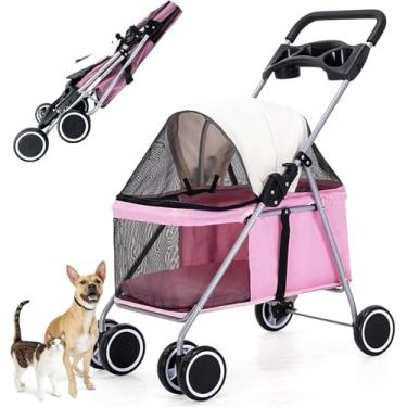 Imagem de Carrinho De Estimação Dobrável De 4 Rodas Para Cães Pequenos Médios Gatos Até 33lbs, Fácil Dobrar Carrinho De Cachorro Portátil à Prova D'Água Para Viagens E Compras, Pink