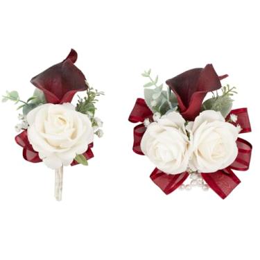 Imagem de Floinla Conjunto de corpete e flor na lapela bordô para baile de formatura de casamento, pulseiras de corsage de flor de lírio de calla artificial, pulseira de baile, lapela para decoração de terno