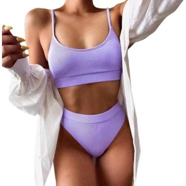 Imagem de Maiôs De Biquíni De Cintura Alta Mulheres Push Up Swimwear Cinta Com Nervuras Terno Biquini Brazili Biquíni Beachwear, Purple, M