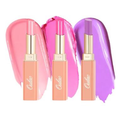 Imagem de Oulac Batom hidratante para mulheres, conjunto de Natal, 3 peças, protetor labial 2 em 1 para o inverno, cor labial hidratada, suculenta e brilhante para lábios secos, rachados e rachados, vegano 10+