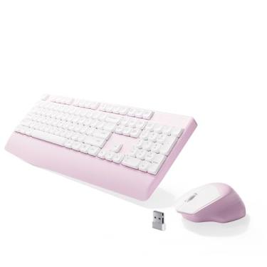 Imagem de MPTOG Combo ergonômico de teclado e mouse com descanso de pulso, chipset BK, teclado e mouse coloridos para escritório, botão liga/desliga, receptor USB para PC, laptop (rosa branco)