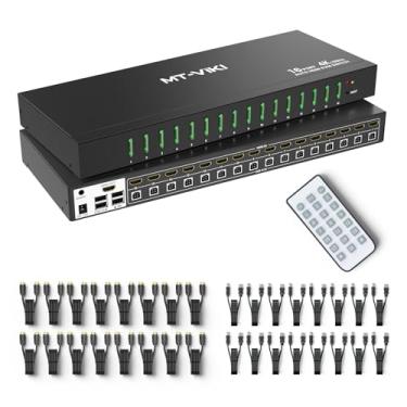 Imagem de MT-VIKI Comutador KVM de 16 portas HDMI 4K a 60Hz com controle remoto infravermelho, suporte para teclado interruptor de atalho 1U Montagem em rack KVM HDMI com áudio de 3,5 mm, pacote com 16 cabos