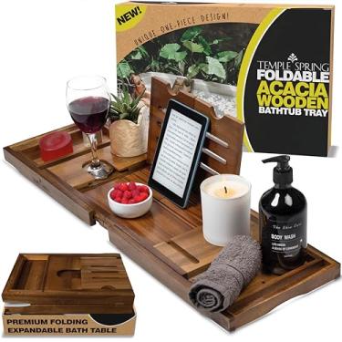 Imagem de Temple Spring Bandeja de banheira dobrável, suporte de banheiro de design exclusivo, bandeja de banheiro de spa de acácia, acessórios de banheira de madeira, presente de casamento/presente de