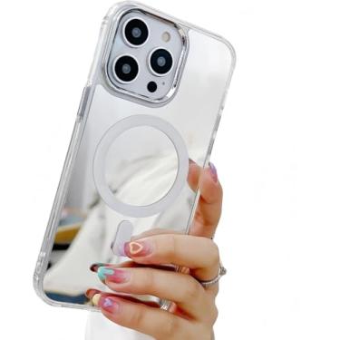 Imagem de Capa magnética espelhada para iPhone [compatível com MagSafe] Linda capa traseira espelhada brilhante de vidro para mulheres e meninas com moldura fina de TPU macio transparente para iPhone (iPhone 12