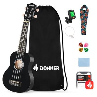 Imagem de Donner Ukulele Soprano para iniciantes 53 cm Ukelele Starter Kit com lições online grátis bolsa alça de corda sintonizador palhetas pano Ukalalee Yukalalee (preto)