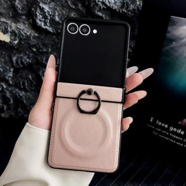 Imagem de Capa de celular de couro macio com anel de metal fosco para Samsung Z-Flip 6 5 4 3, com carregamento sem fio e proteção antiderrapante (para Galaxy Z Flip6/rosa)