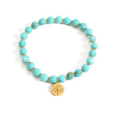 Imagem de TaYolnFaSo Pulseira de pedra natural elástica/empilhável pulseira de tênis de zircônia cúbica delicada feita à mão com contas de pedras preciosas presente para mulheres, 6mm, Aço inoxidável, turquesa