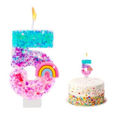 Imagem de Número de velas de aniversário arco-íris para bolos, números de lantejoulas, 5 velas, enfeite de bolo, decorações de cupcake, suprimentos de festa com tema de arco-íris colorido, presentes de