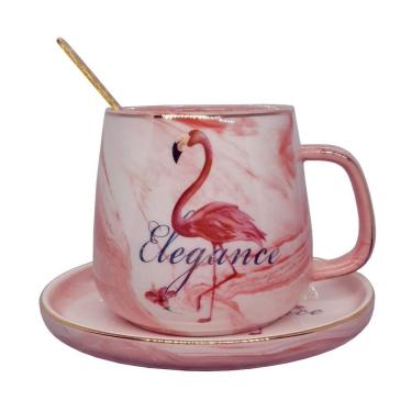 Imagem de Caneca Pires De Porcelana e Colher Estampa De Flamingo 350ml