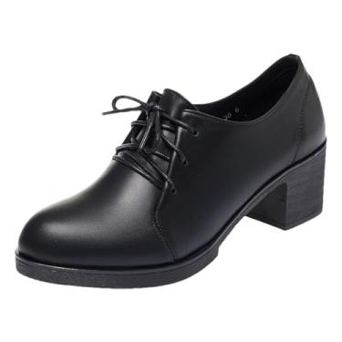 Imagem de rismart Sapato feminino de couro Oxfords com cadarço, bico redondo, salto grosso, sapato social, Preto, 35