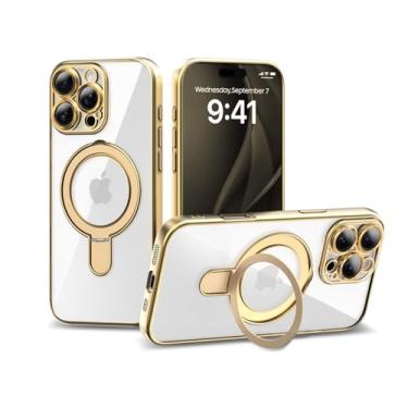Imagem de IAIYOXI Capa magnética invisível para iPhone 16 de 6,1 polegadas [compatível com Magsafe], capa protetora de corpo inteiro, capa fina transparente com suporte para mulheres, homens e meninas, dourada