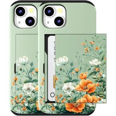 Imagem de MUQR Capa compatível com iPhone 15 com porta-cartão fofo - Design Kawaii, proteção contra quedas de grau militar, capa carteira robusta para mulheres (buquê de flores laranja verde)
